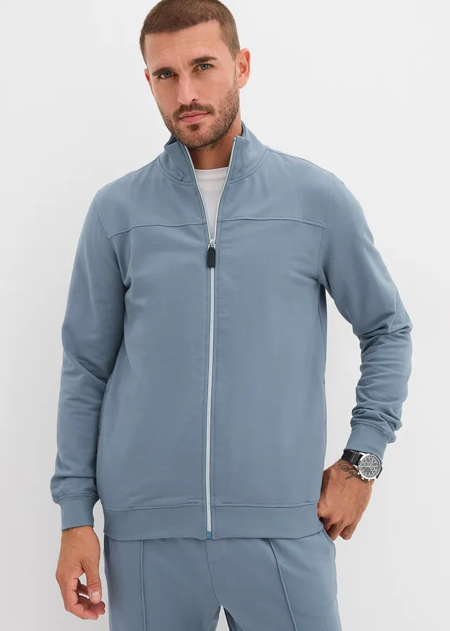 Sweat zippé doux et élégant, Couleur: bleu fumée