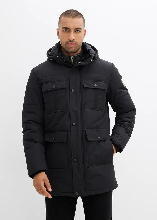 Parka matelassée et déperlante avec poches, Couleur: noir