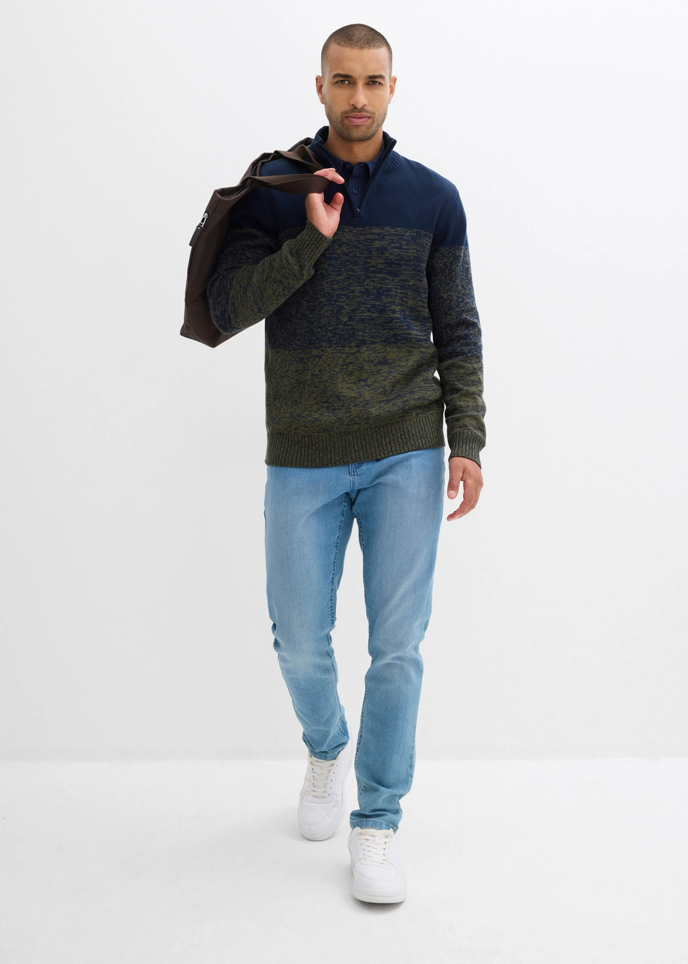 Pulover în stil troyer din amestec moale de bumbac • bleumarin/oliv închis melanj • magazin bonprix