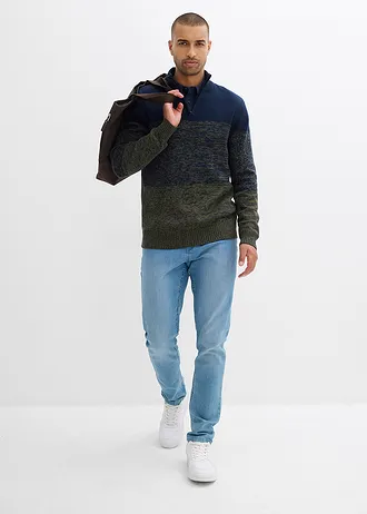 Pull camionneur doux en coton mélangé • bleu foncé-olive foncé chiné • Boutique bonprix