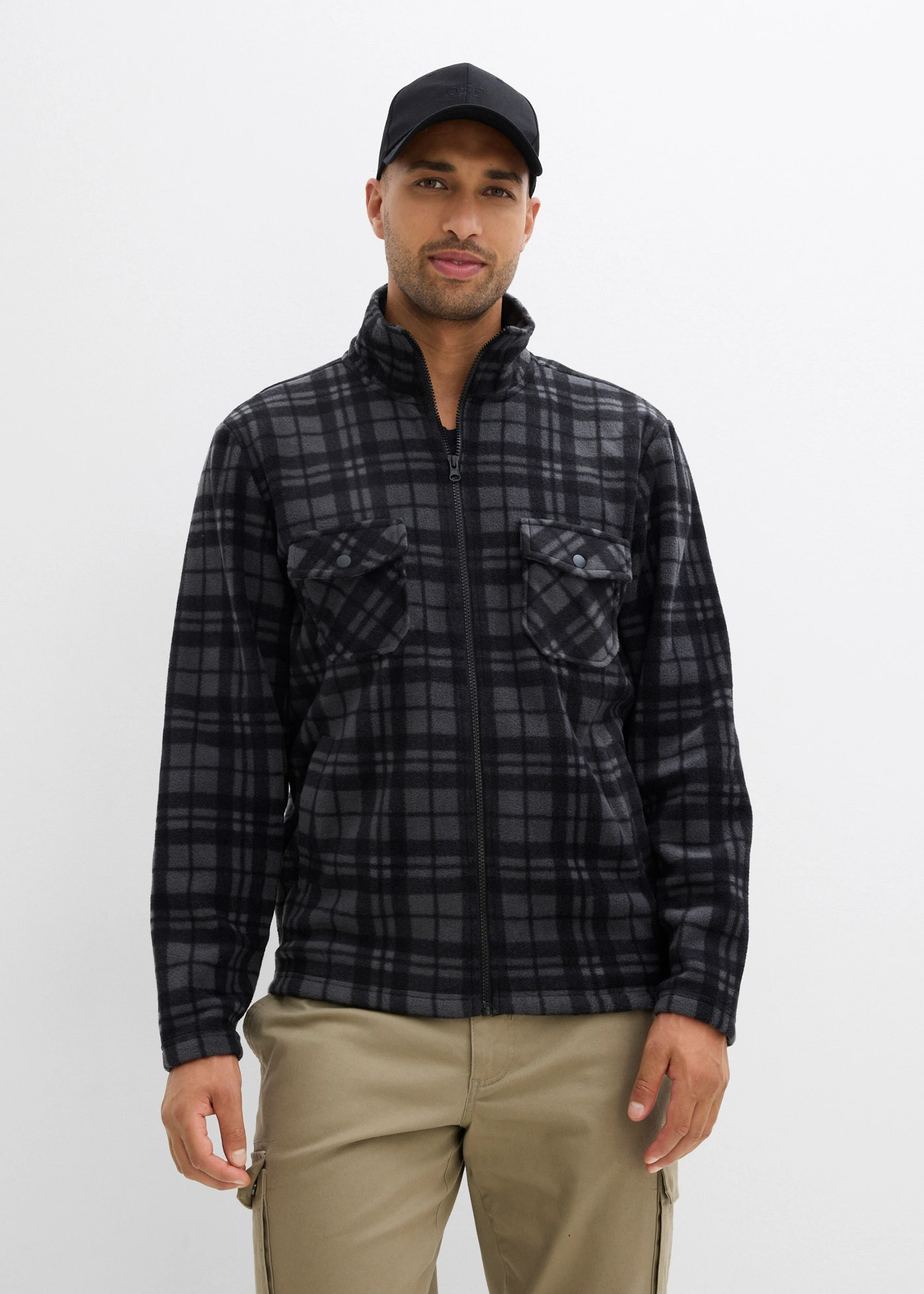 Flísová bunda se stojáčkem • černo-šedá kostka • bonprix obchod