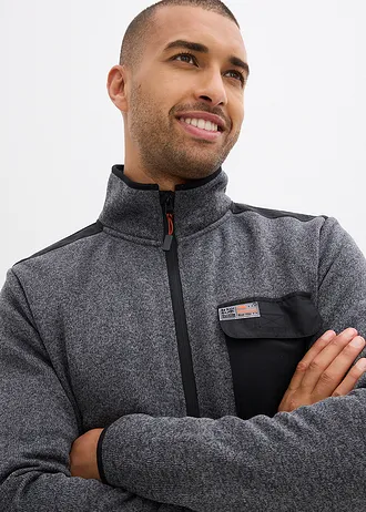 Gebreid fleece vest met praktische zakken en sportieve details • grijs gemêleerd-zwart • bonprix online shop