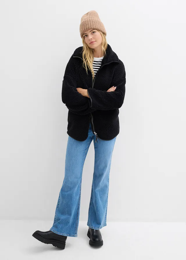 Oversized jas van teddy fleece, Kleur: zwart