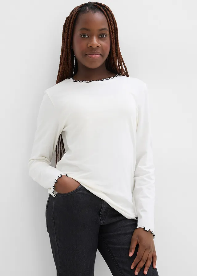 Lot de 2 T-shirts manches longues en coton extensible • écru-noir + bordeaux-rose foncé • product-page.page-title-suffix