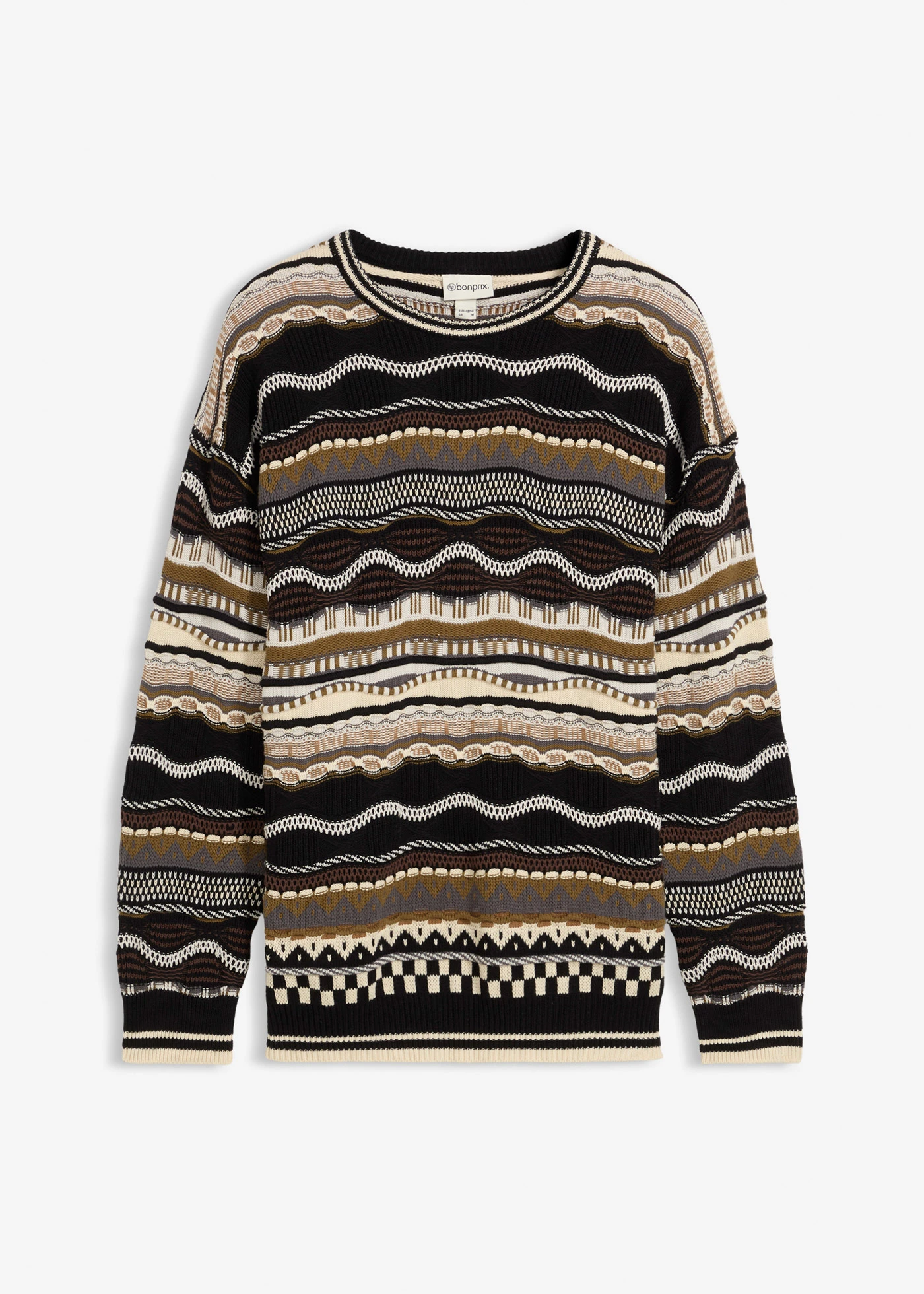 Gruby sweter z czystej bawełny • czarny/zielony liściasty/szary łupkowy/jasny piaskowy/zielono-oliwkowy/ciemnobrązowy/srebrny w paski • sklep bonprix