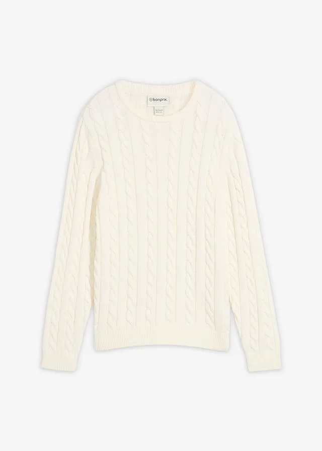 Grof gebreide trui met kabelpatroon van recyclebaar biologisch katoen • wolwit • bonprix online shop