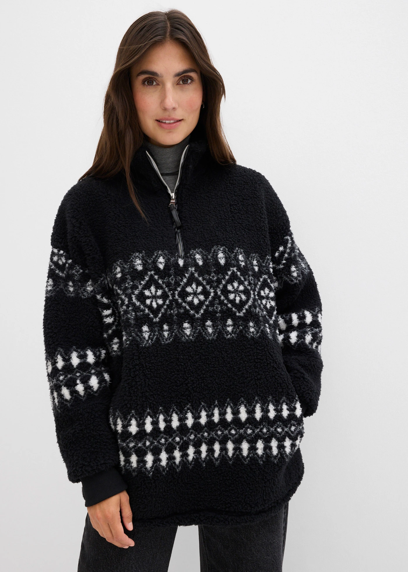 Bluza z baranka • czarny-biel wełny w norweski wzór • sklep bonprix