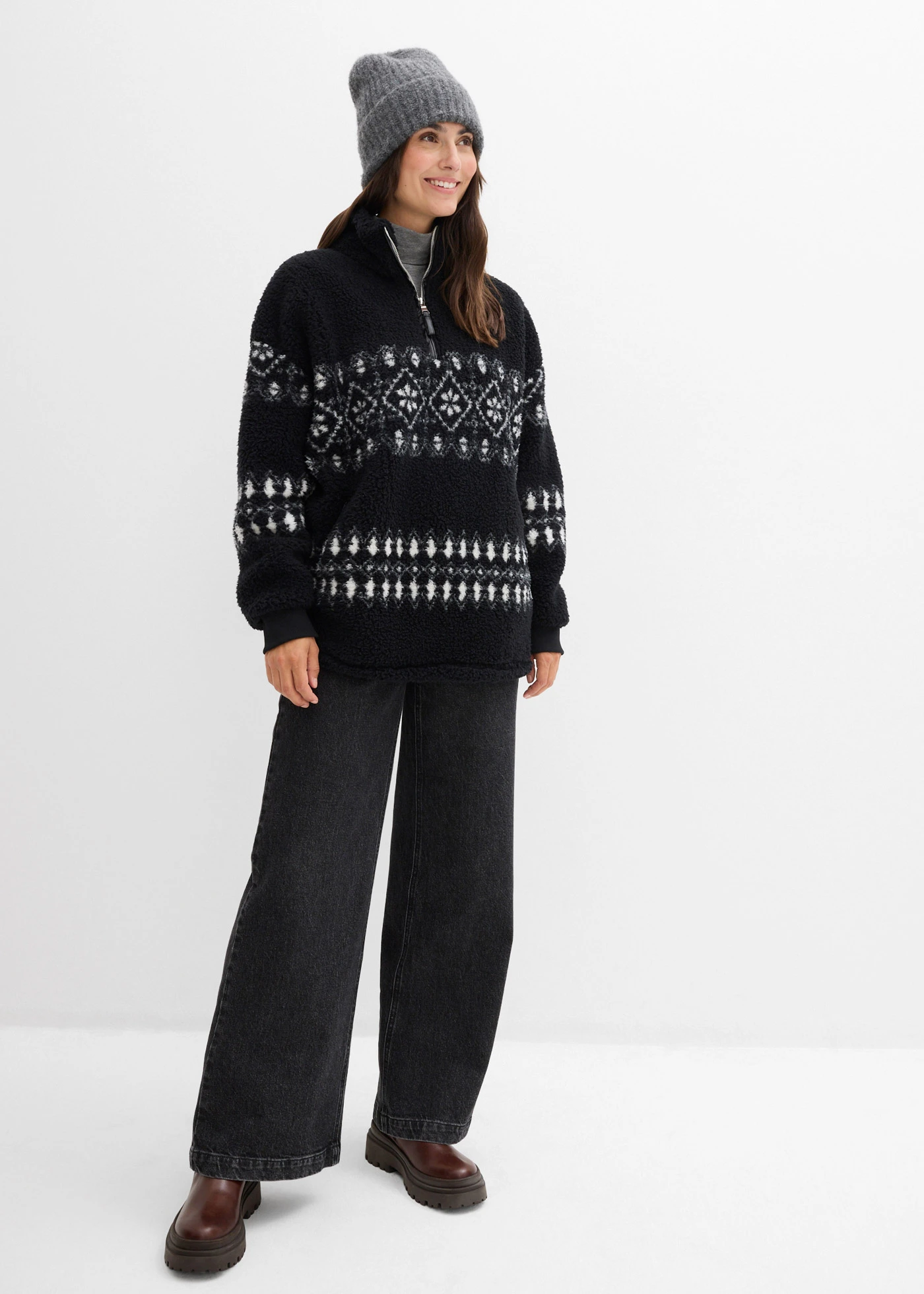 Bluza z baranka • czarny-biel wełny w norweski wzór • sklep bonprix