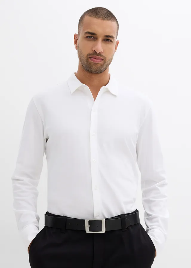 Chemise en piqué de coton ultra-extensible, slim, Couleur: blanc