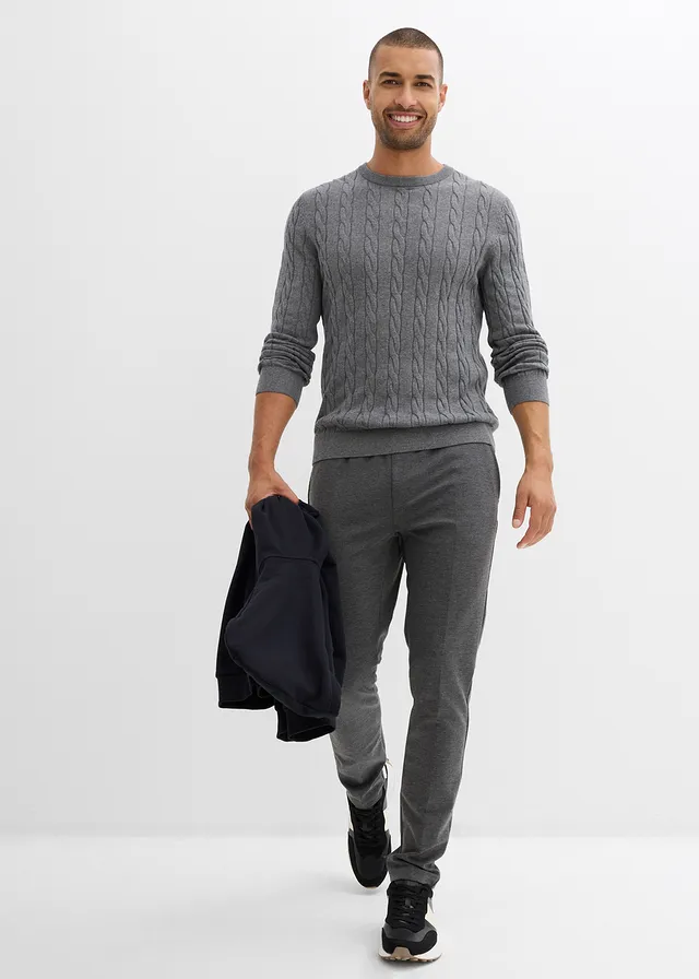Pull doux à torsades en fine maille de coton majoritaire, slim • gris chiné • product-page.page-title-suffix