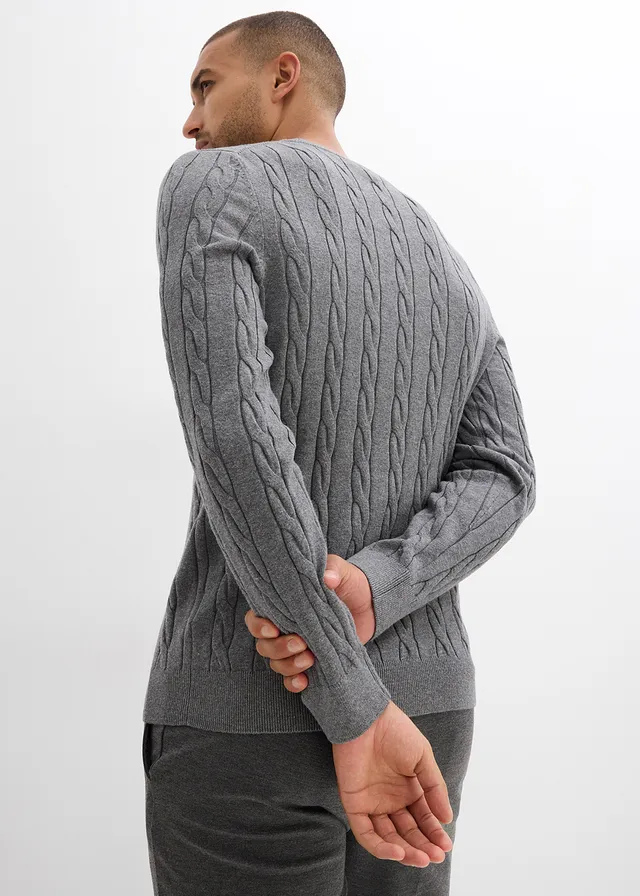 Pull doux à torsades en fine maille de coton majoritaire, slim • gris chiné • product-page.page-title-suffix