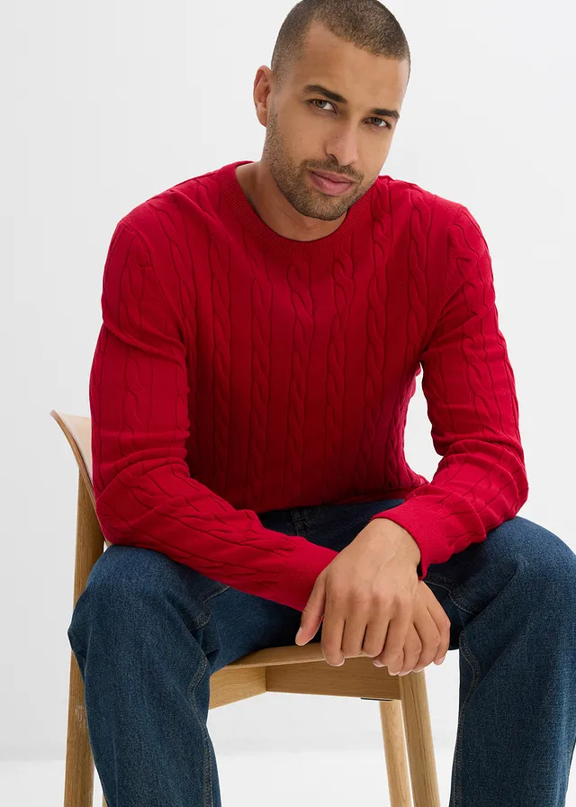Fijngebreide trui met kabelpatroon in een zachte katoenmix, slim fit • chilirood • bonprix online shop