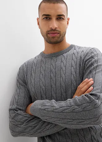 Svetr z jemné pleteniny z měkké bavlněné směsi, s copánkovým vzorem, Slim Fit • šedý melír • bonprix obchod