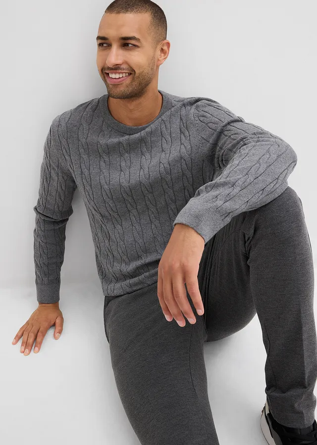 Pull doux à torsades en fine maille de coton majoritaire, slim • gris chiné • product-page.page-title-suffix