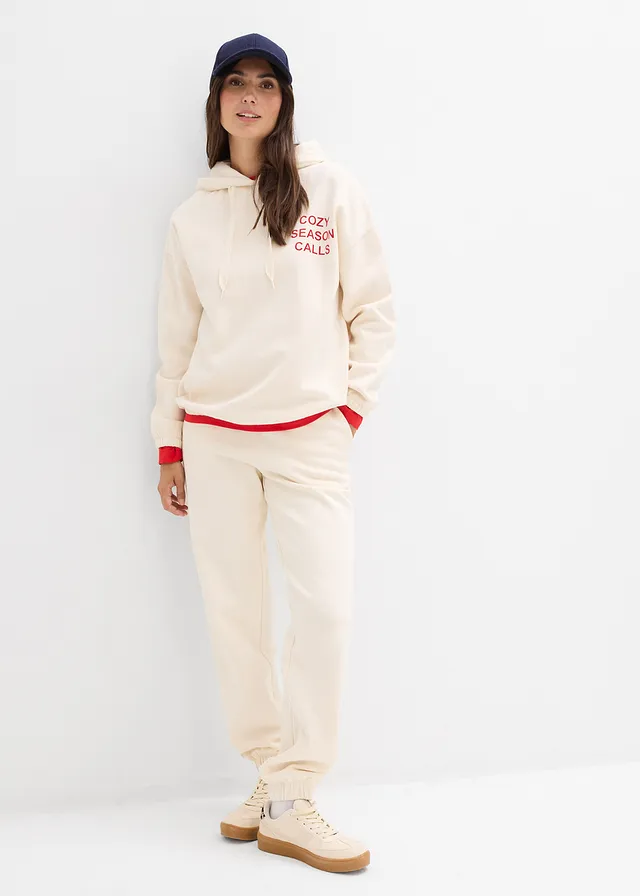 Sweat oversize 100% coton, Couleur: beige naturel-rouge salsa imprimé