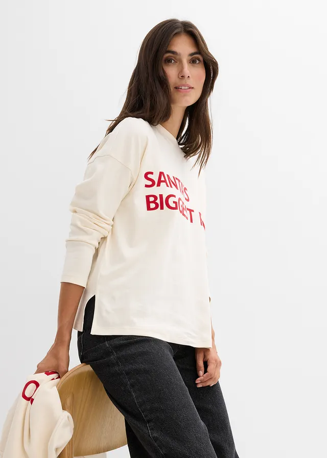 Oversize triko z bavlny • béžovo-červená salsa s potiskem • bonprix obchod