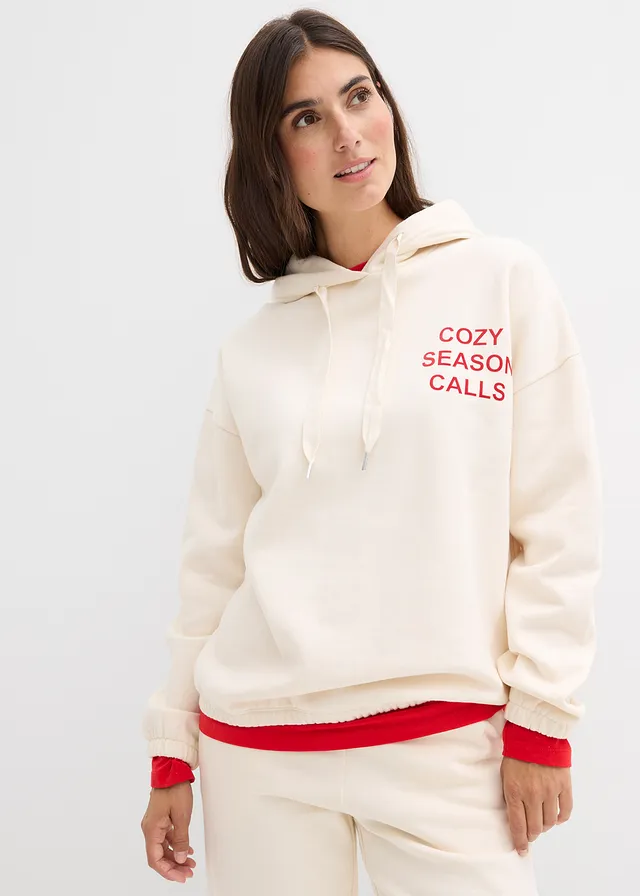 Sweat oversize 100% coton, Couleur: beige naturel-rouge salsa imprimé