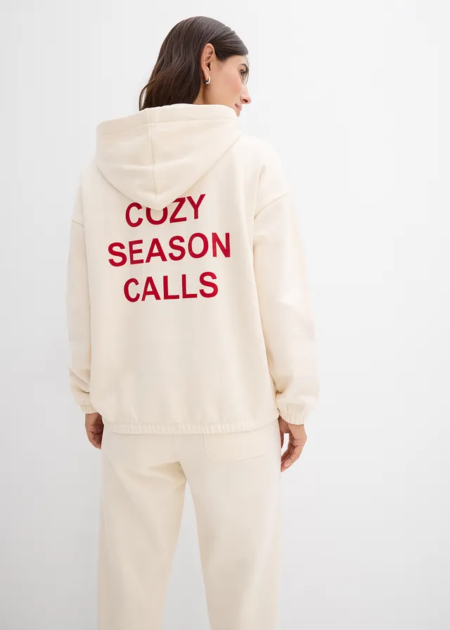 Sweat oversize 100% coton, Couleur: beige naturel-rouge salsa imprimé