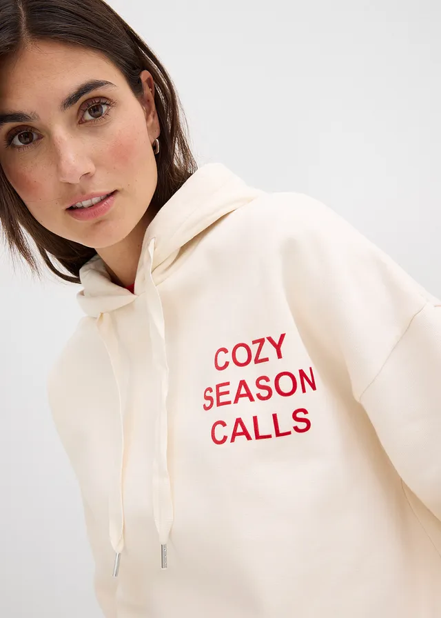 Oversized sweater van katoen • ecru-salsarood met print • product-page.page-title-suffix
