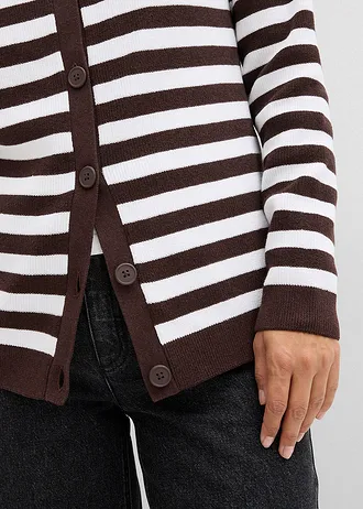 Jachetă din tricotaj fin cu decolteu rotund • maro închis-alb cu dungi • magazin bonprix