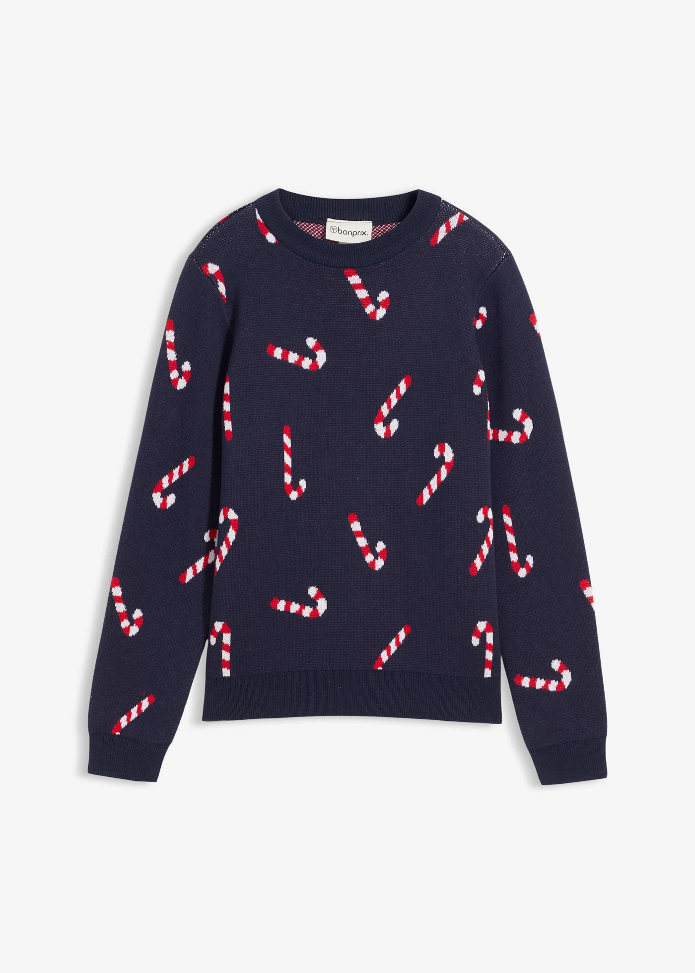 Fijngebreide trui met een kerstmotief in een zachte katoenmix • donkerblauw • bonprix online shop