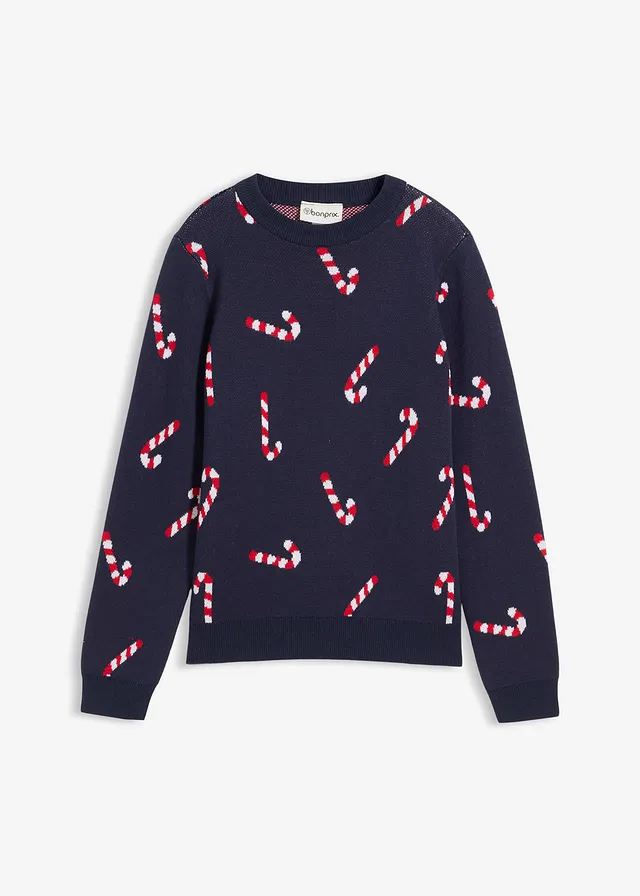 Fijngebreide trui met een kerstmotief in een zachte katoenmix • donkerblauw • bonprix online shop