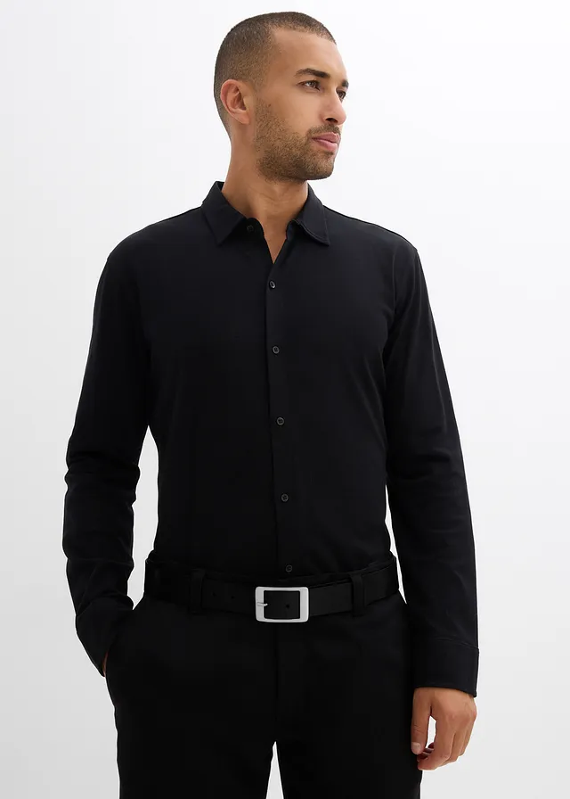 Super stretch overhemd van katoen-piqué, slim fit • zwart • product-page.page-title-suffix