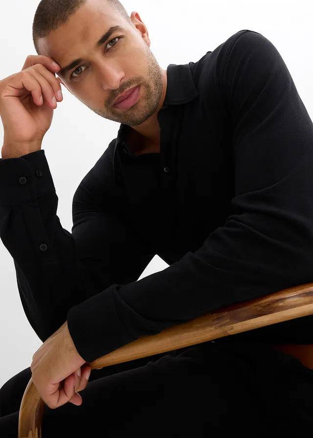 Super stretch overhemd van katoen-piqué, slim fit • zwart • product-page.page-title-suffix