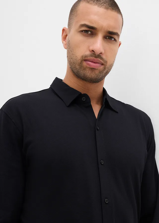 Super stretch overhemd van katoen-piqué, slim fit • zwart • product-page.page-title-suffix