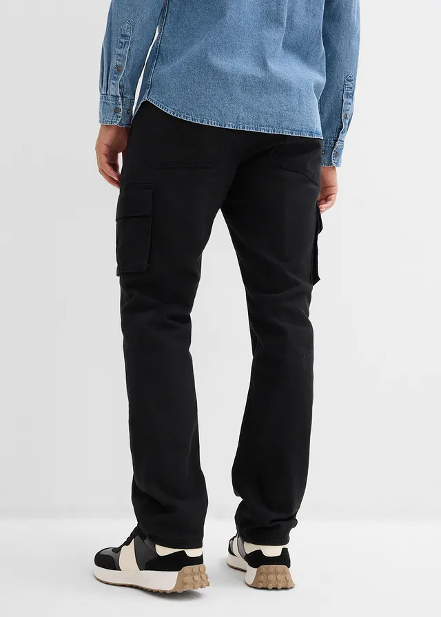 Relaxed fit thermo cargo broek met comfortband en voering van flanel, straight, Kleur: zwart