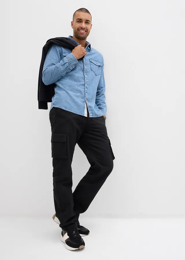 Relaxed fit thermo cargo broek met comfortband en voering van flanel, straight, Kleur: zwart