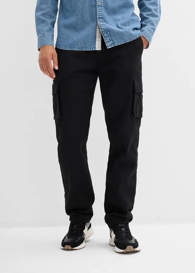 Relaxed fit thermo cargo broek met comfortband en voering van flanel, straight, Kleur: zwart