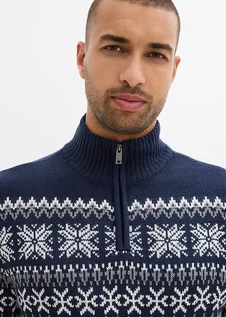 Svetr s norským vzorem a límcem Troyer • šedý melír-tmavě modrá • bonprix obchod