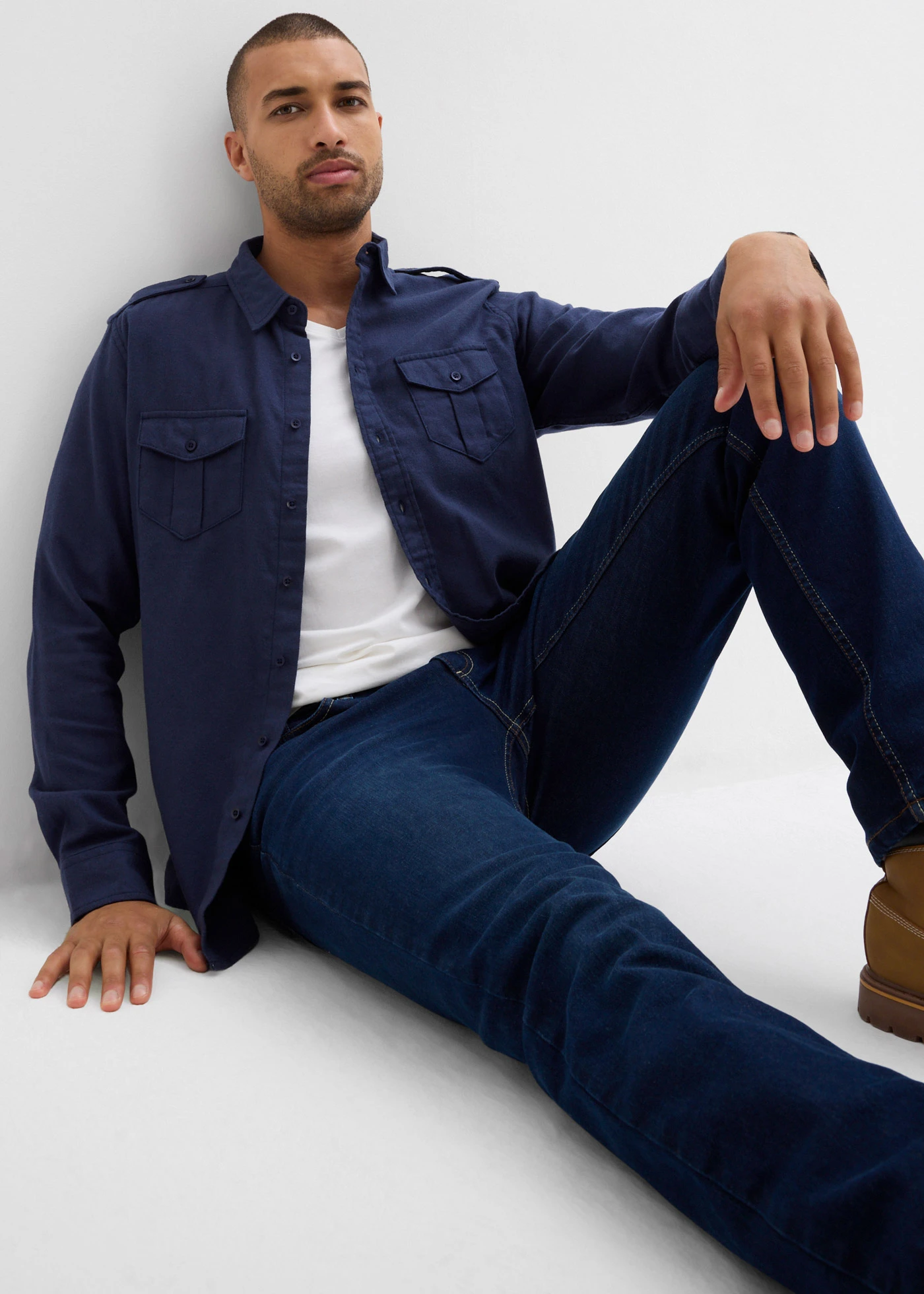 Flanellen overhemd met schouderbedekking van puur katoen • donkerblauw • bonprix online shop