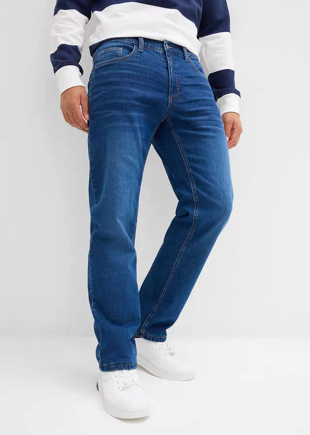 Relaxed fit stretch thermojeans met comfortband, straight • middelblauw denim • product-page.page-title-suffix