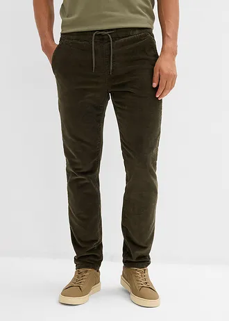 Pantalon jogger regular en velours côtelé, doublure chaude en flanelle, droit, Couleur: olive foncé