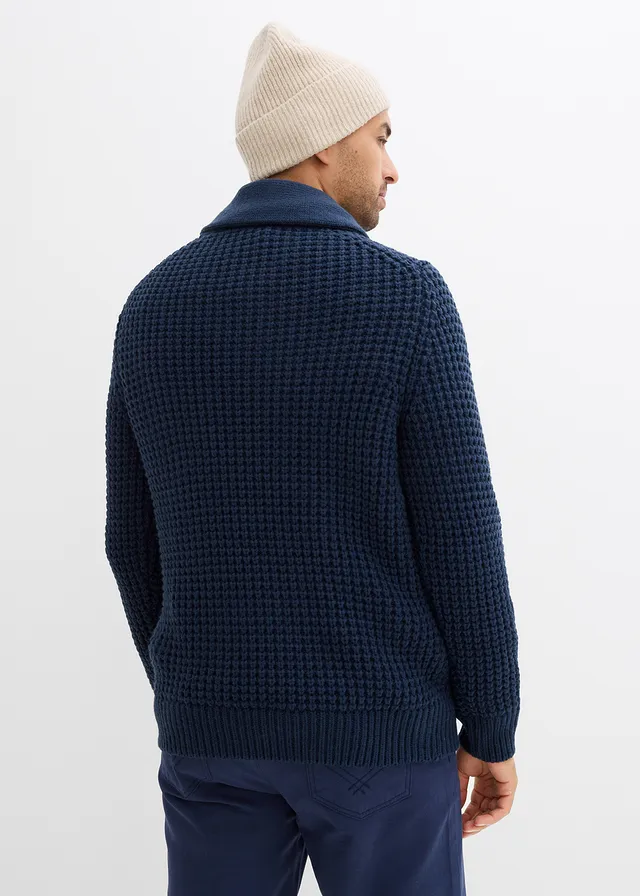 Pull en grosse maille à col châle, texture gaufrée, Couleur: bleu foncé