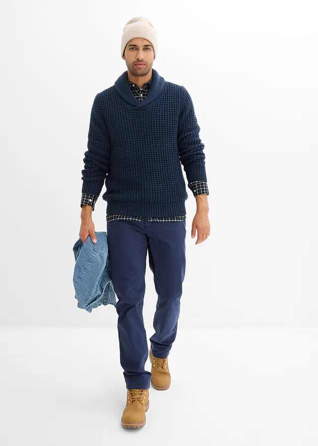 Pull en grosse maille à col châle, texture gaufrée, Couleur: bleu foncé