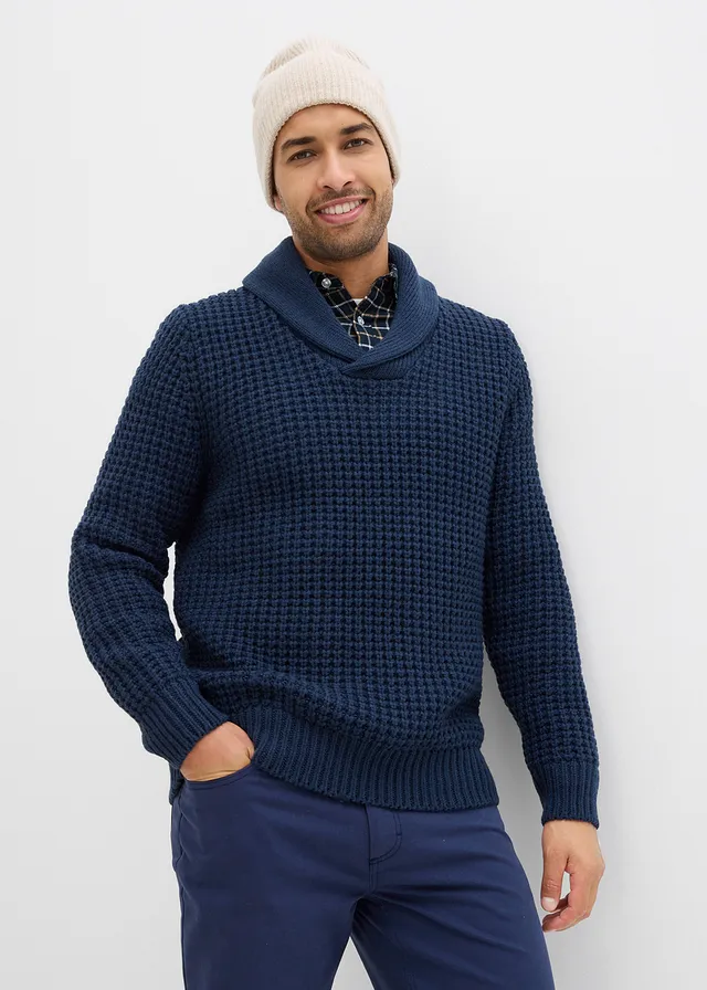 Pull en grosse maille à col châle, texture gaufrée, Couleur: bleu foncé