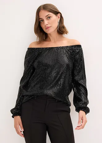 T-shirt oversize à sequins encolure Bardot • noir • Boutique bonprix