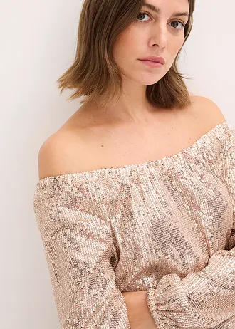 T-shirt oversize à sequins encolure Bardot • marron clair/argenté • Boutique bonprix