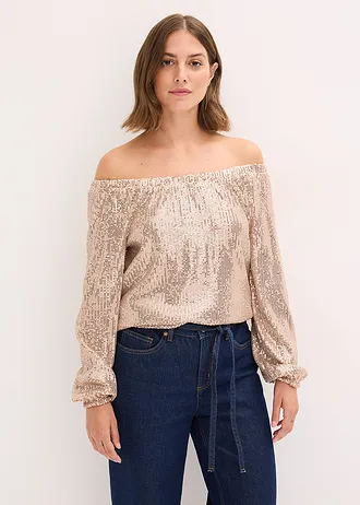 Oversized triko Carmen s pajetkami, barva: béžovošedá/stříbrná