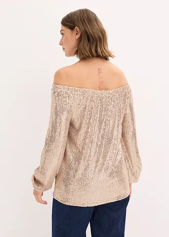 Oversized triko Carmen s pajetkami, barva: béžovošedá/stříbrná