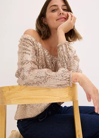 T-shirt oversize à sequins encolure Bardot • marron clair/argenté • Boutique bonprix