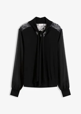 Bluză cu dantelă și detaliu tip eșarfă la gât • negru • magazin bonprix