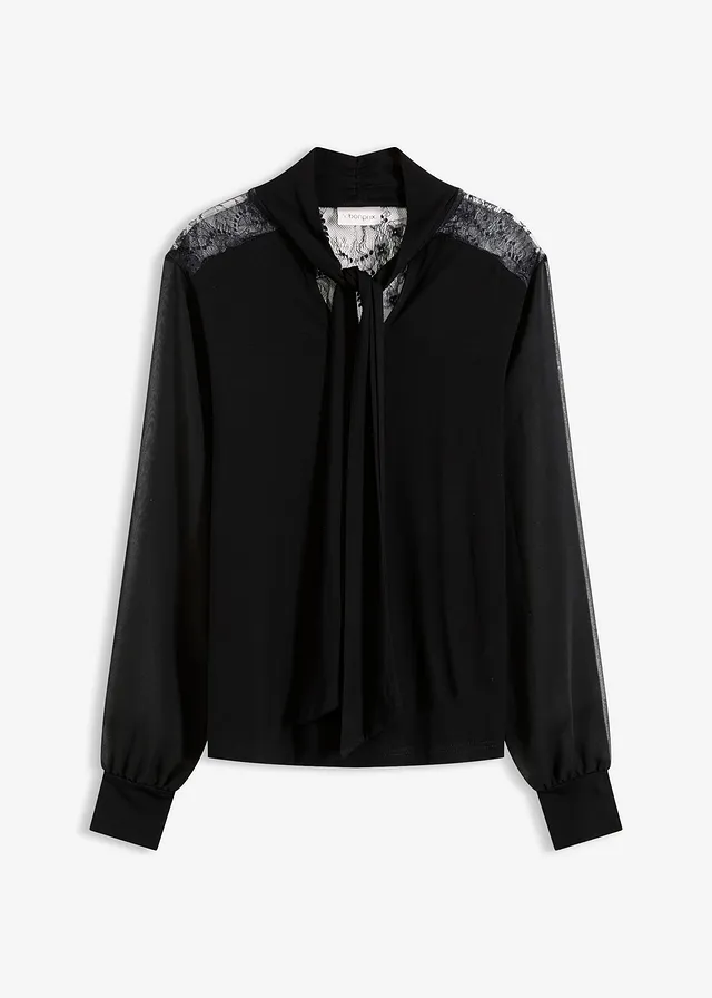 T-shirt manches longues avec dentelle et col lavallière • noir • Boutique bonprix