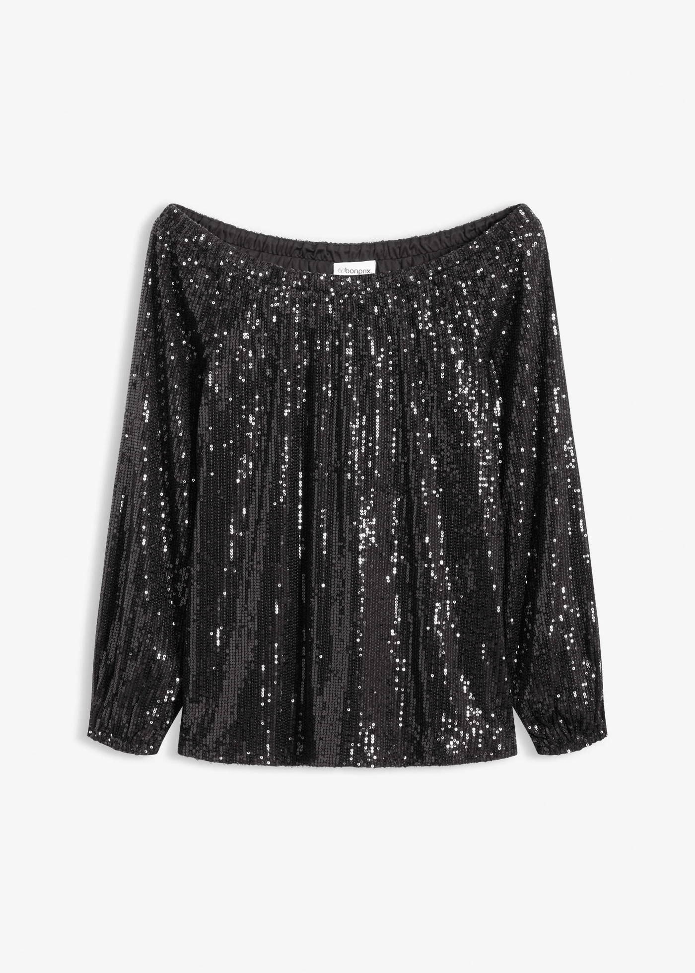 Oversized carmen-shirt met pailletten • zwart plus size • product-page.page-title-suffix