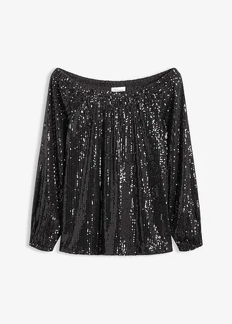 T-shirt oversize à sequins encolure Bardot, Couleur: noir