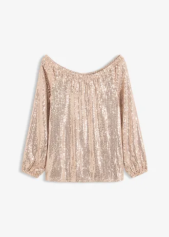 Oversized carmen-shirt met pailletten, Kleur: natuursteen-zilverkleur