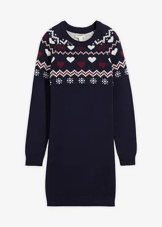 Meisjes gebreide jurk met Noors patroon, Kleur: donkerblauw/wolwit/esdoornrood Noors patroon